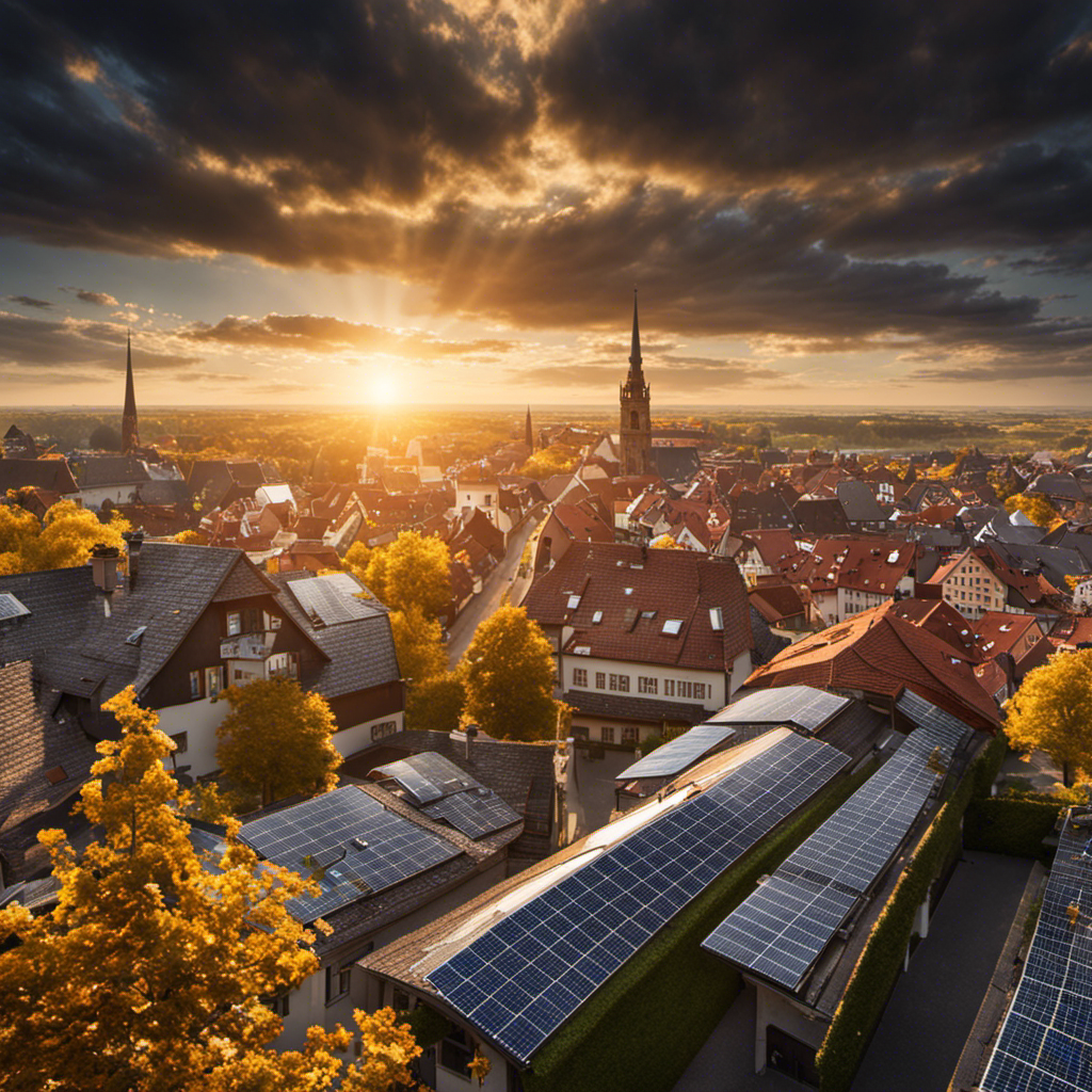 An image showcasing a sprawling landscape of German rooftops adorned with solar panels, glistening under the golden rays of the sun