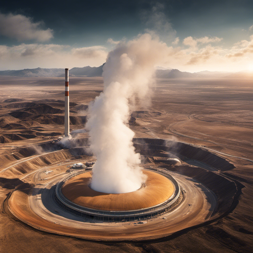 An image showcasing a towering geothermal power plant, surrounded by a barren desert landscape, with billowing steam rising from the earth's crust, symbolizing the harnessing of extreme heat for renewable energy