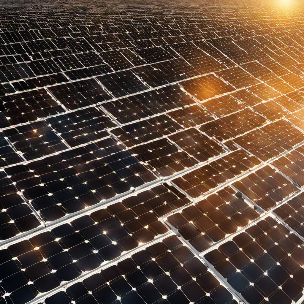 An image showcasing a vast field of photovoltaic panels, glistening in the sunlight, absorbing solar energy