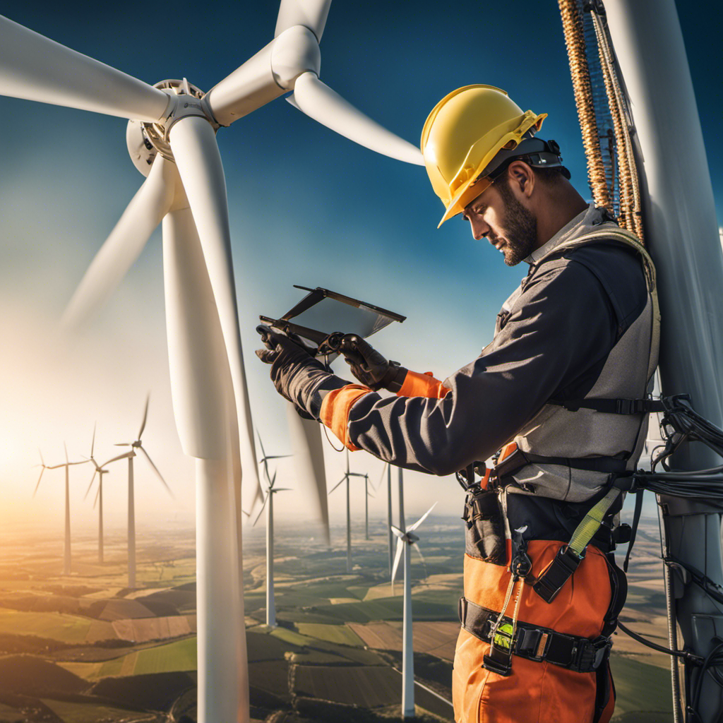 An image showcasing a wind turbine technician at work, high above the ground in a harness, skillfully inspecting the turbine blades with specialized tools, against the backdrop of a sprawling wind farm