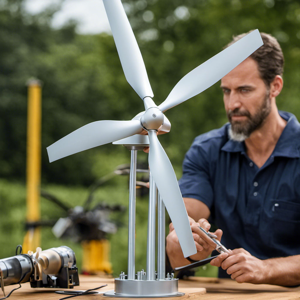 An image showcasing the step-by-step process of constructing a wind turbine, featuring a skilled individual assembling sturdy metal blades, connecting them to a tall tower, and attaching a generator at the top
