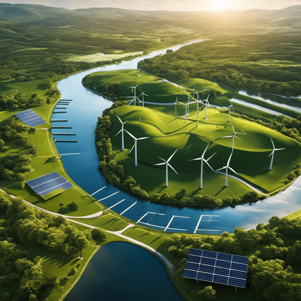 An image showcasing a sprawling landscape with a vibrant solar farm at the forefront, seamlessly integrated with wind turbines gracefully spinning in the distance, surrounded by lush greenery and a flowing river