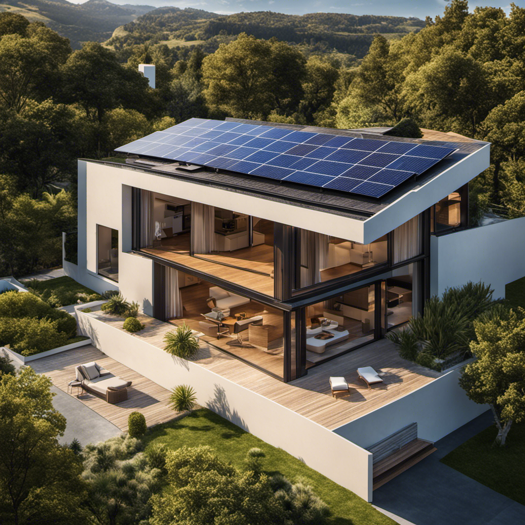An image showcasing a house enveloped in vibrant sunlight with solar panels covering the entire rooftop, seamlessly blending into the architecture