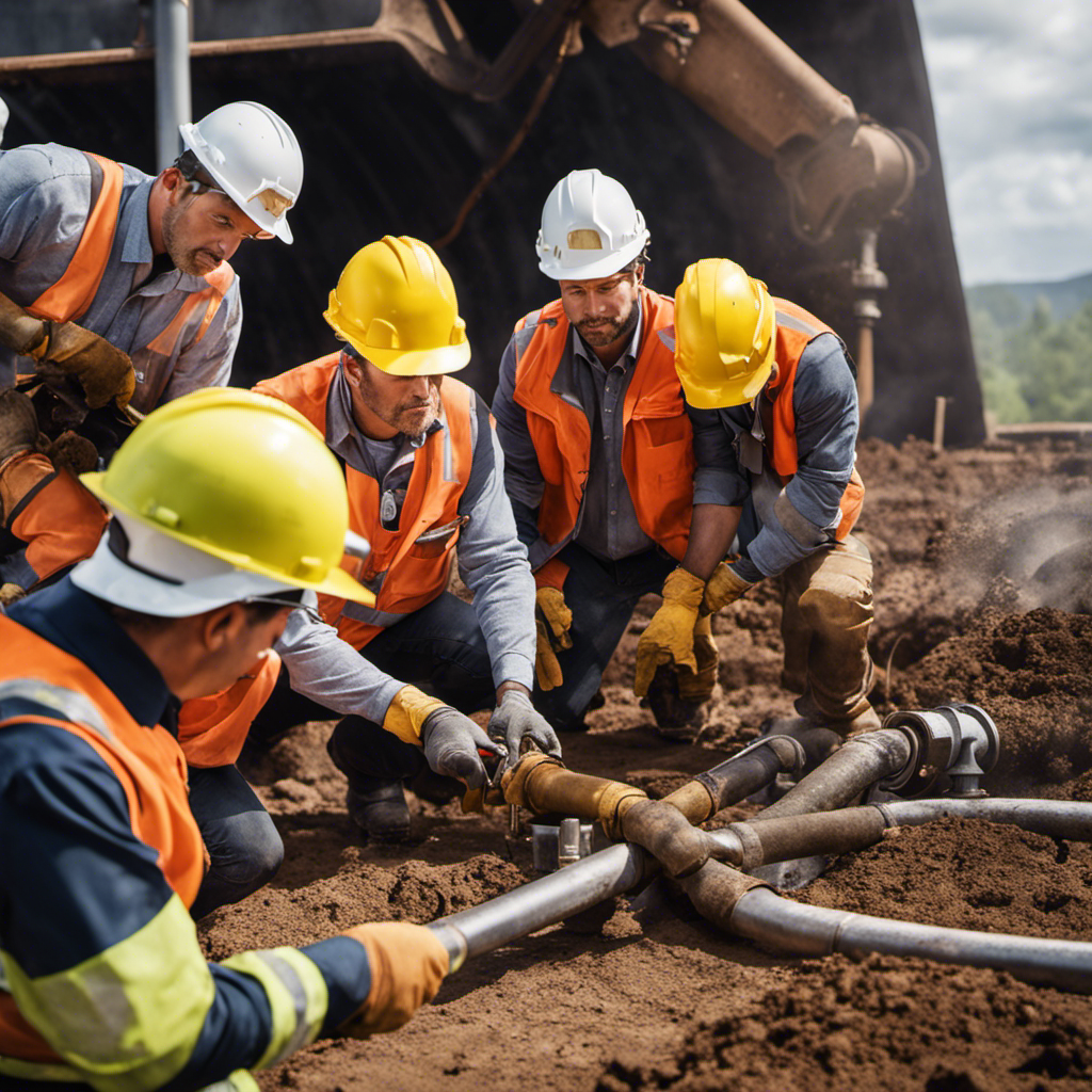 An image showcasing a diverse group of professionals wearing hard hats and safety gear, working together to install geothermal energy systems