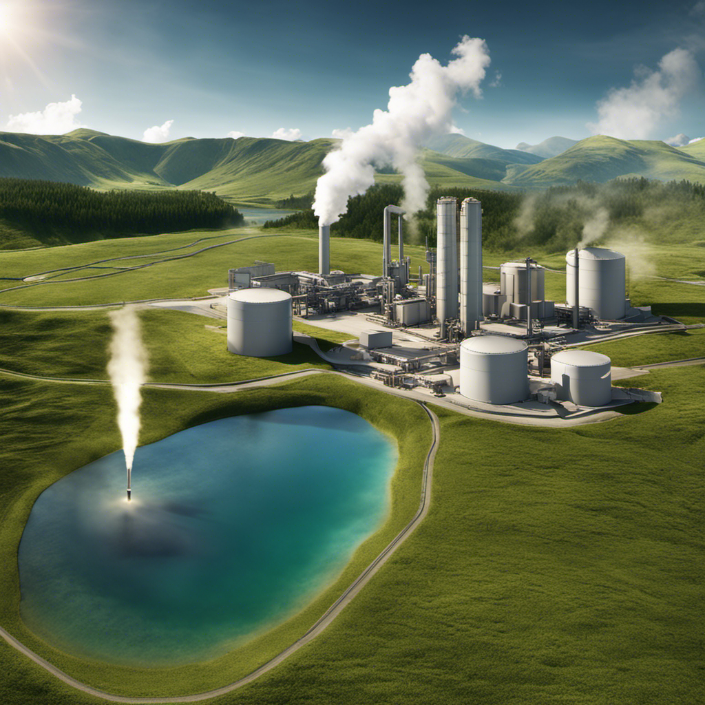 An image showcasing a serene landscape with a geothermal power plant integrated seamlessly into the surroundings