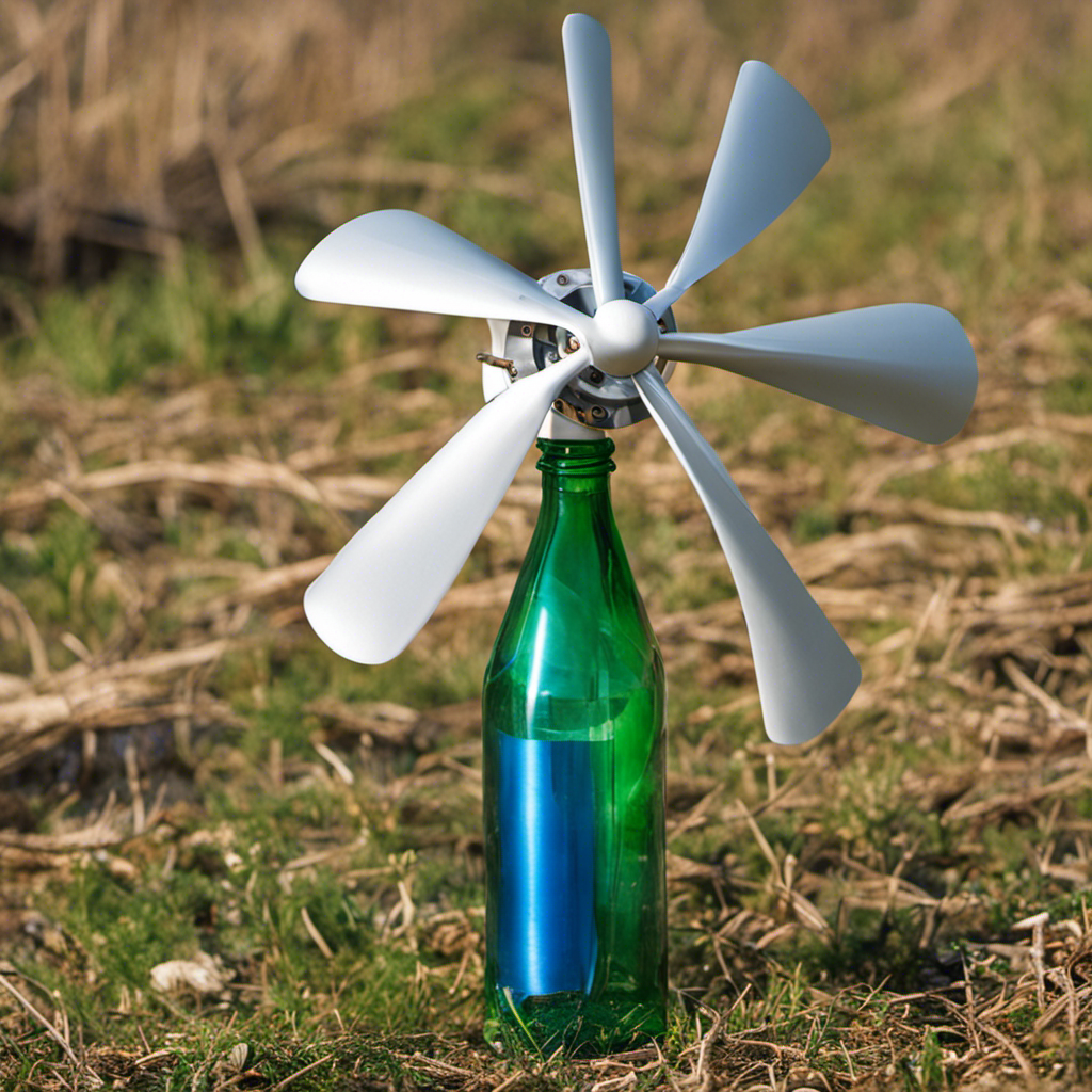 An image showcasing a step-by-step guide to making a small wind turbine at home: a person cutting a plastic bottle in half, attaching it to a wooden stick, and fixing a small motor to the top