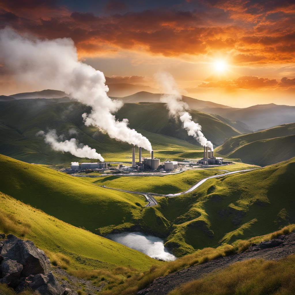 An image showcasing a vast landscape with a perfectly positioned geothermal power plant nestled amidst rolling hills, surrounded by steaming hot springs, emitting clean energy into the atmosphere