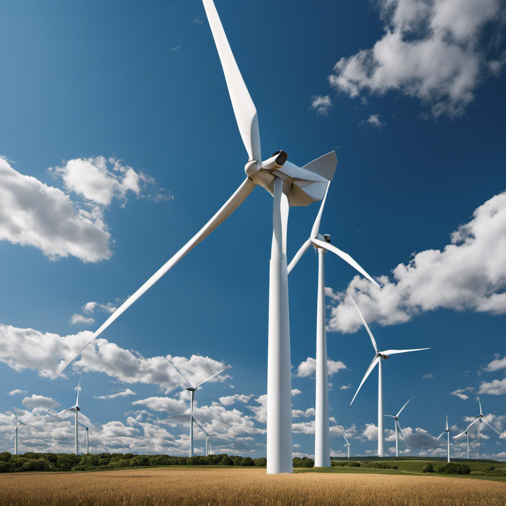 An image showcasing a wind turbine against a clear blue sky, capturing the turbine's rotating blades, the surrounding landscape, and nearby electrical cables connecting to a power grid