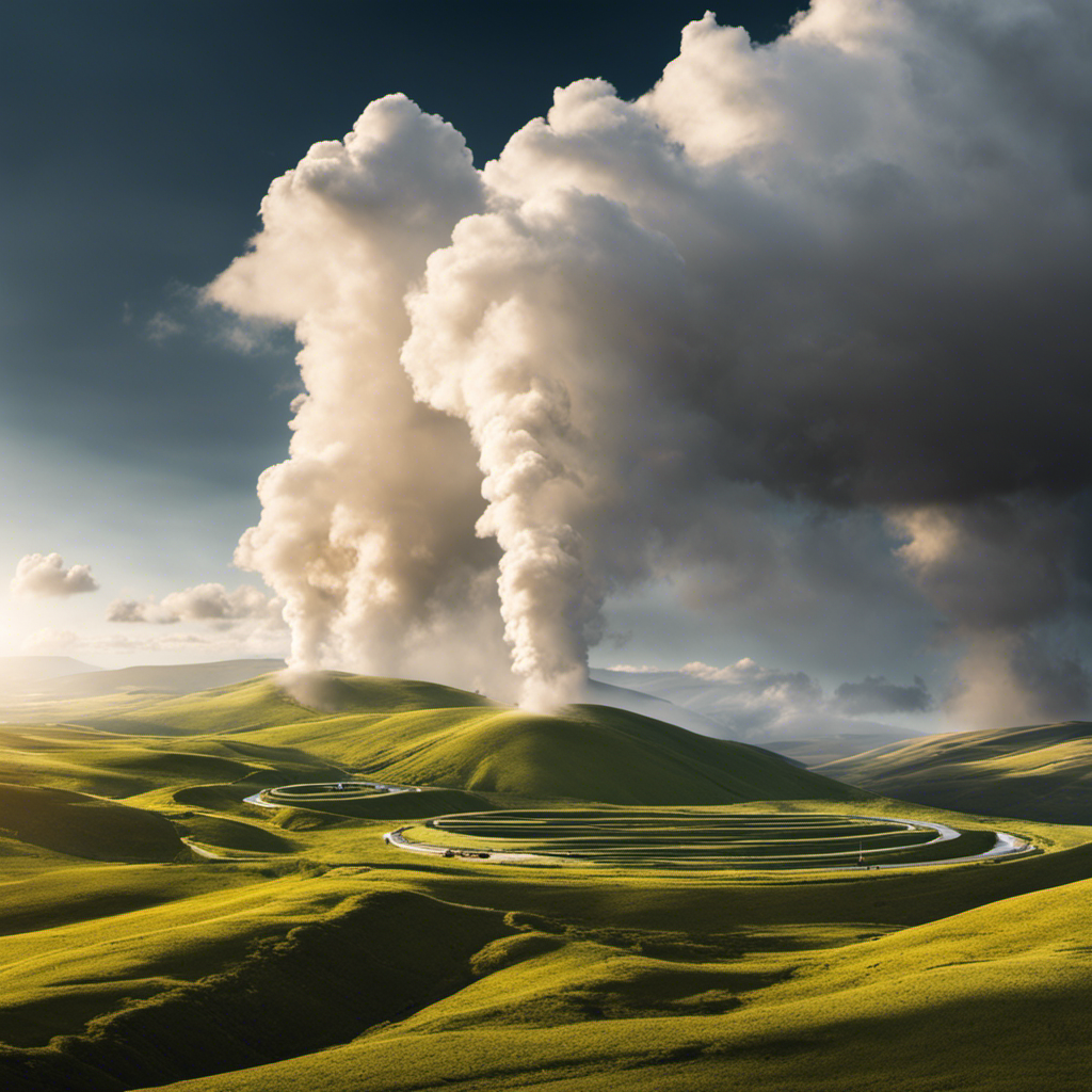 An image showcasing a vast, serene landscape with rolling hills gradually transforming into a network of intricate underground pipes, transporting geothermal energy