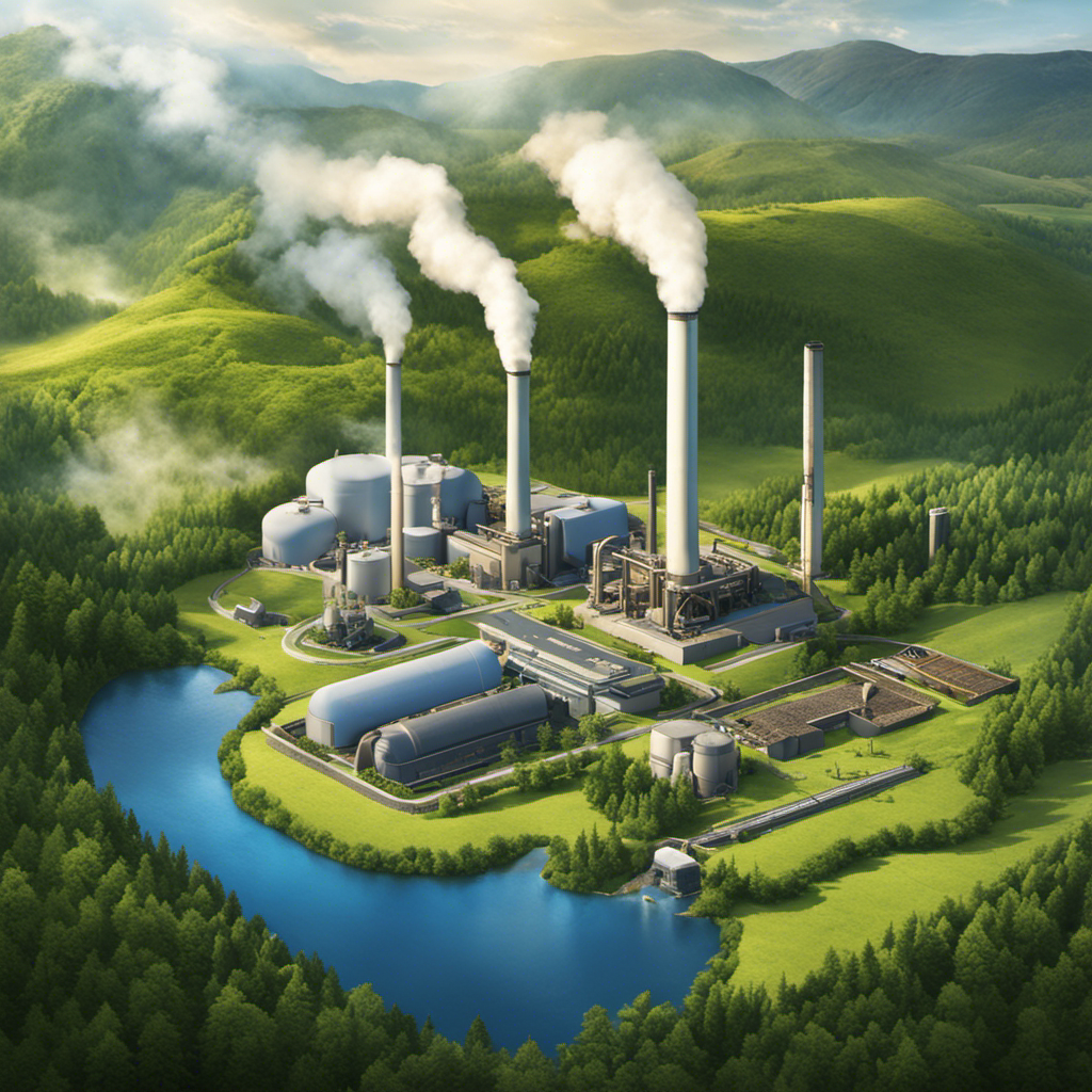 An image showcasing a pristine geothermal power plant nestled in a lush, green landscape