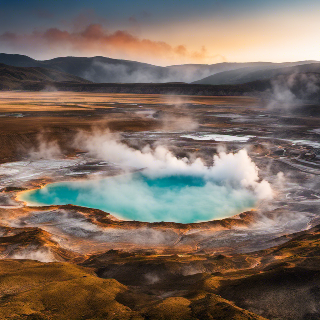 An image showcasing a vast landscape with visible geothermal features such as hot springs, geysers, and steam rising from the ground