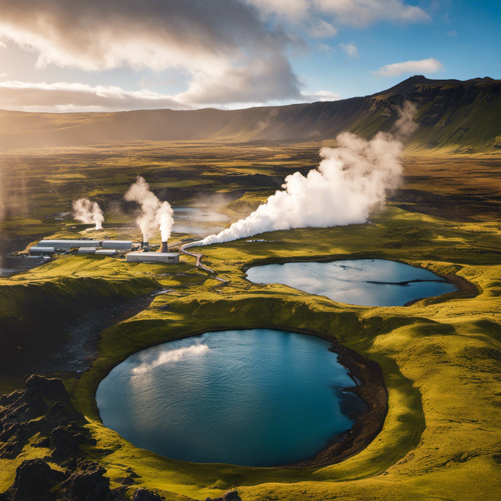 An image depicting the stunning Icelandic landscape with a geothermal power plant nestled amidst bubbling hot springs, showcasing the unique combination of natural beauty and sustainable energy that makes Iceland the perfect destination to study geothermal energy