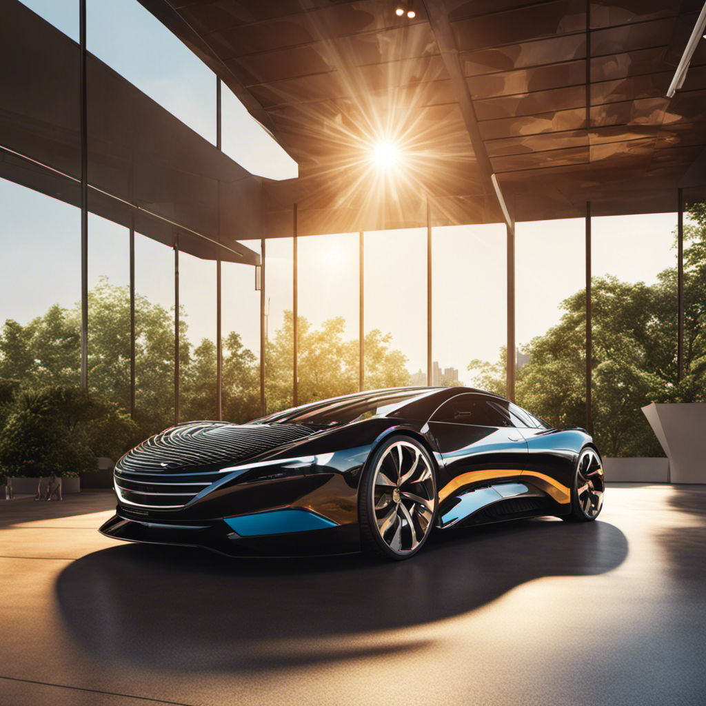 An image showcasing a sleek car parked under the sun, with solar panels elegantly integrated into its roof, capturing the vibrant rays and converting them into renewable energy