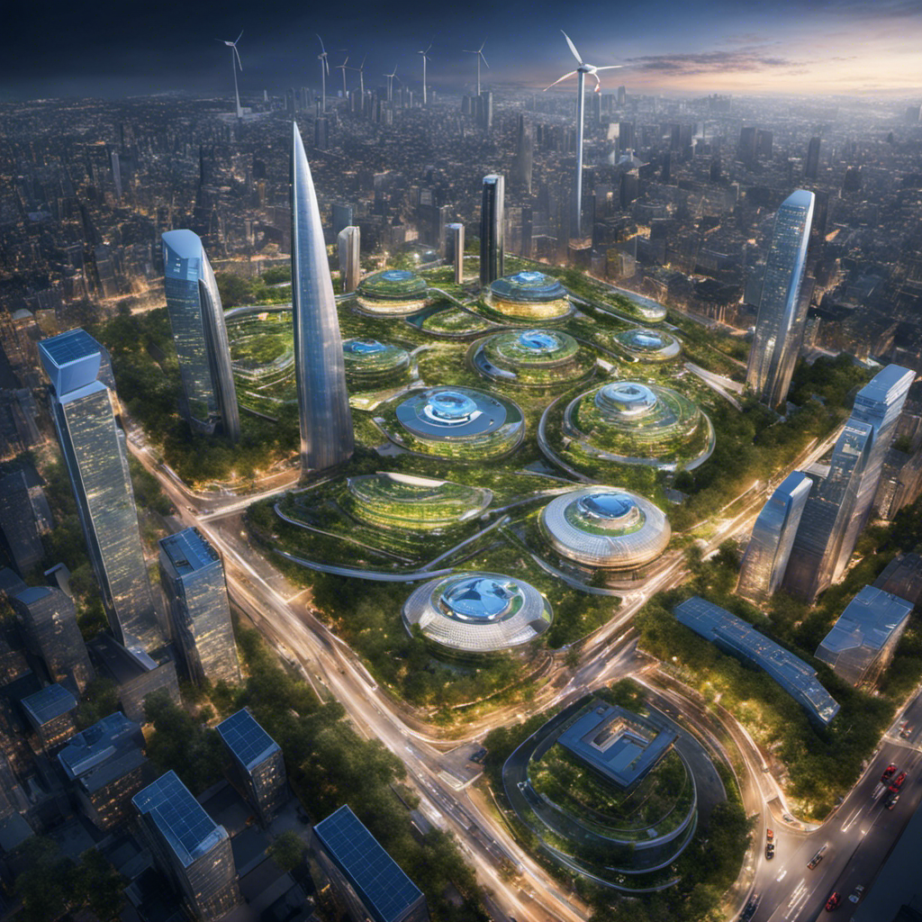 An image showcasing a bustling cityscape filled with autonomous vehicles and drones seamlessly navigating through a sky filled with green rooftops, solar panels, and wind turbines, demonstrating the harmonious future of sustainable transport