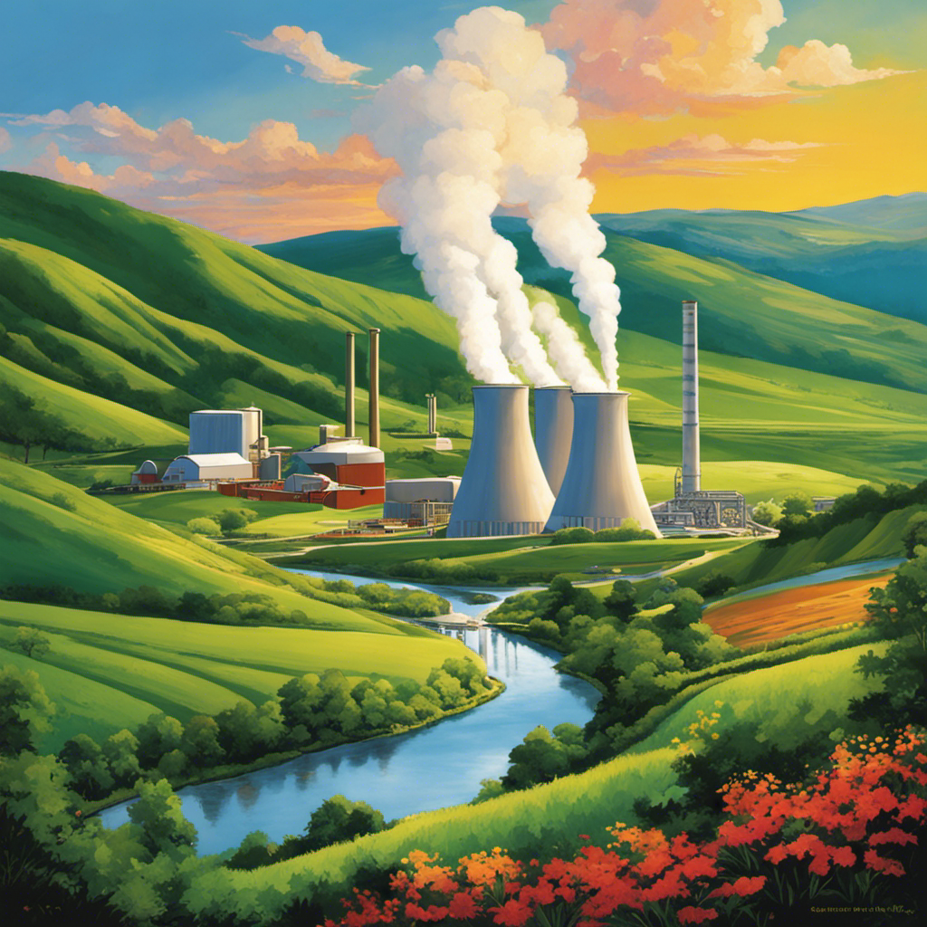 An image portraying a vibrant, lush landscape with a geothermal power plant nestled amidst rolling hills