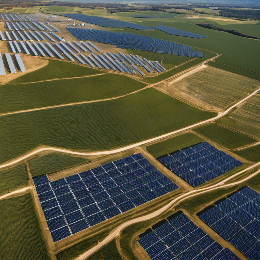 An image showcasing a diverse array of solar panels at a solar farm, with a clear blue sky in the background