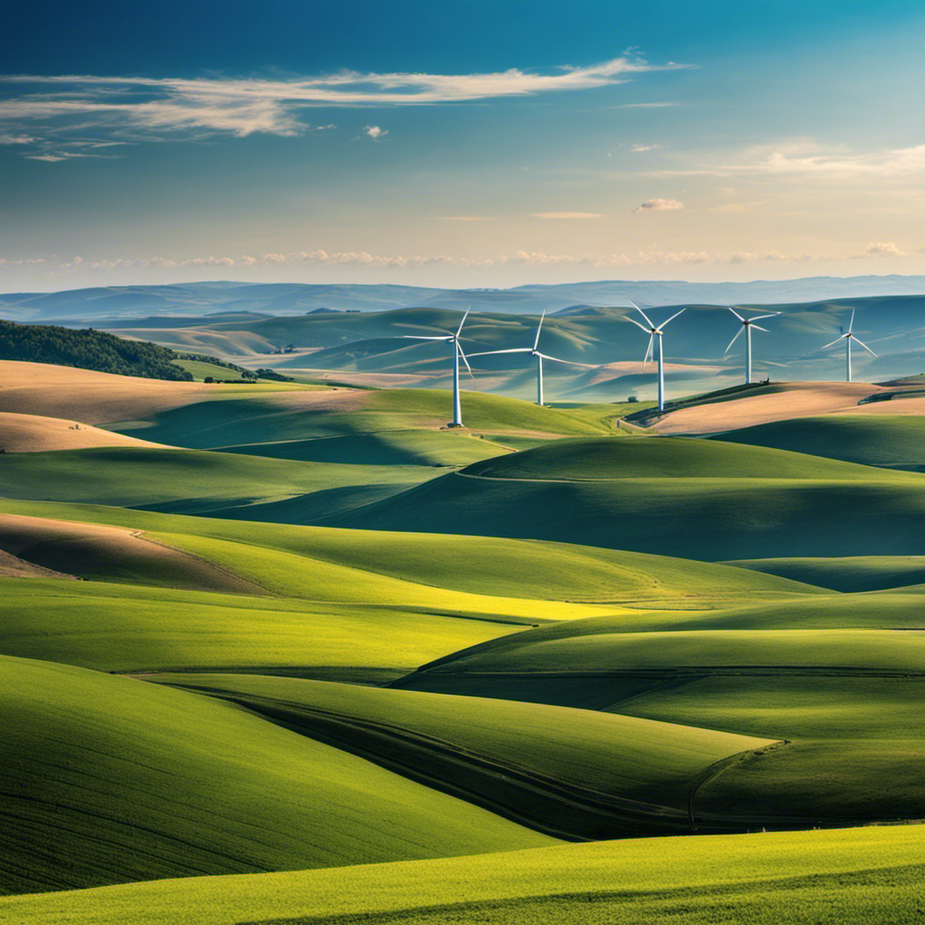 An image showcasing a vast landscape with rolling hills and a clear blue sky