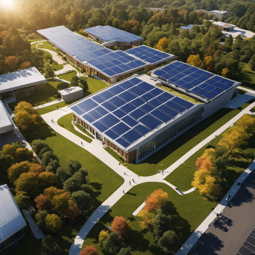 An image showcasing a sunlit school campus with solar panels on rooftops, providing clean energy