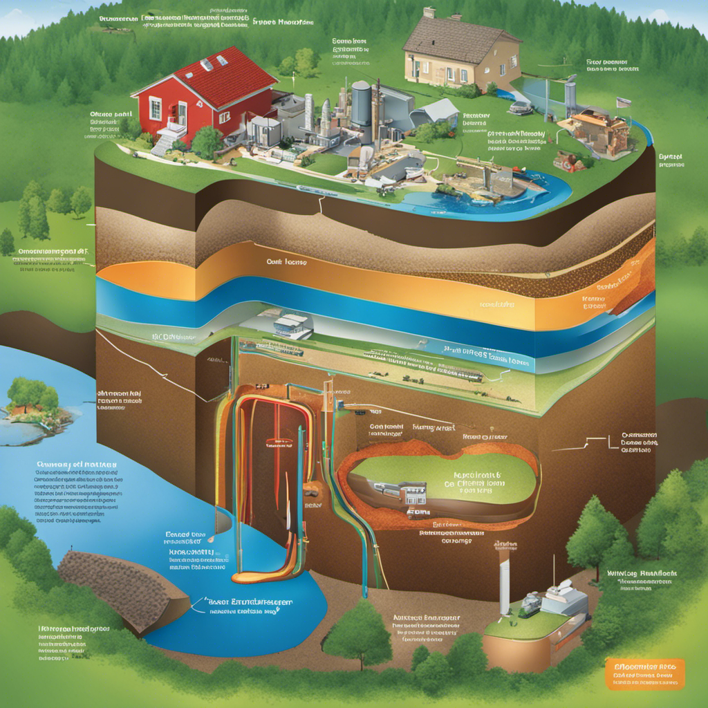 An image showcasing a cross-section of the Earth's layers, revealing a hybrid heat pump system deeply embedded in the ground