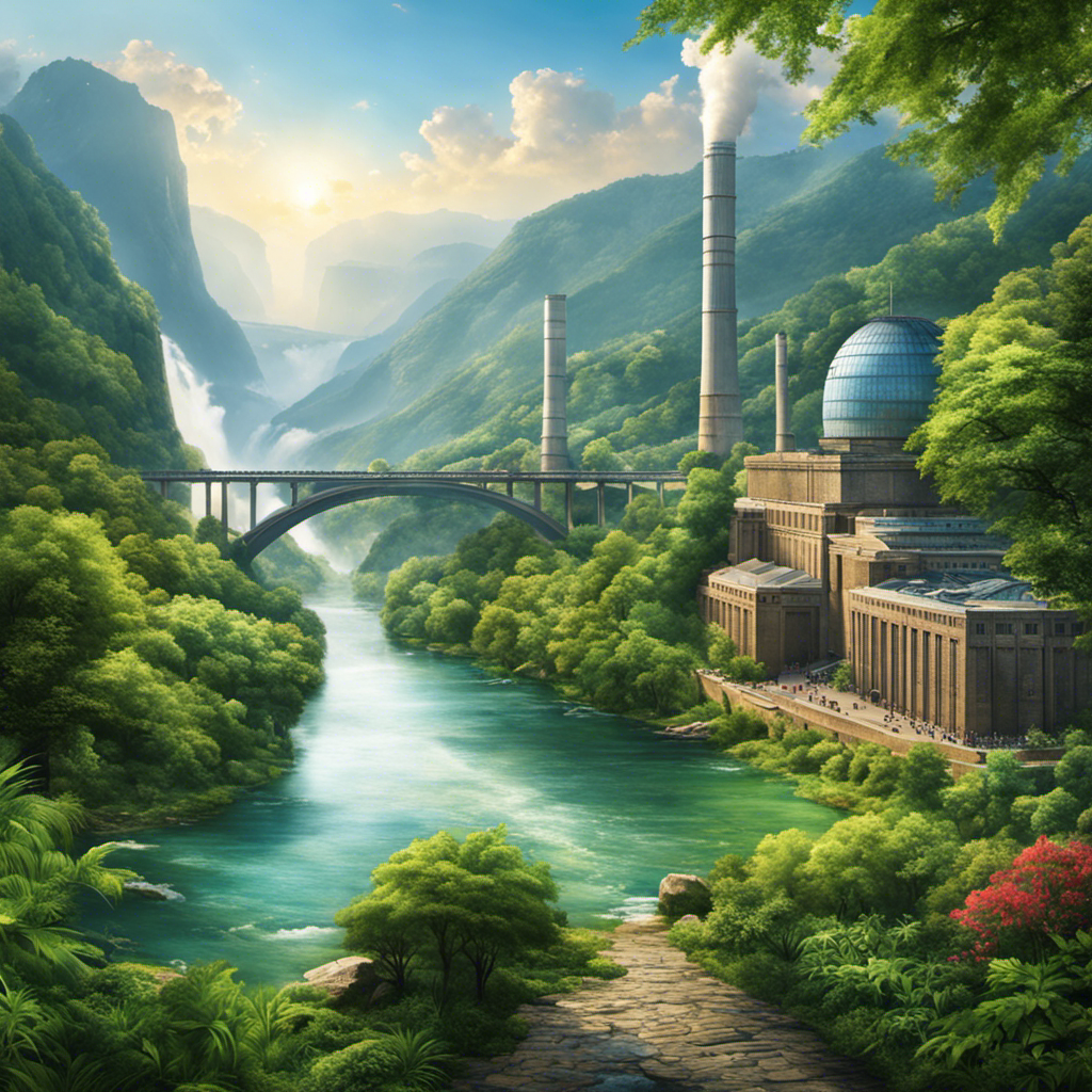 An image depicting a panoramic view of a serene river surrounded by lush greenery, with a massive hydro power plant nestled in the backdrop