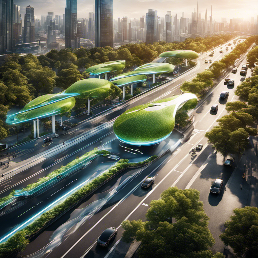An image showcasing a bustling city street with sleek hydrogen-powered cars smoothly gliding past hydrogen refueling stations, surrounded by lush greenery, emphasizing the seamless integration of hydrogen cars, their infrastructure, and the resulting environmental benefits