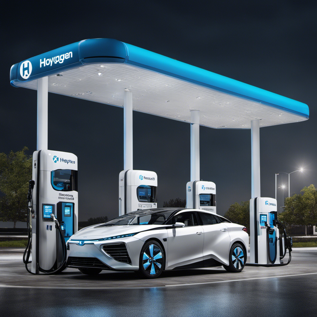 An image showcasing a hydrogen fuel cell car being refueled at a state-of-the-art filling station, emphasizing safety measures such as automatic shut-off valves, reinforced tanks, and advanced monitoring systems