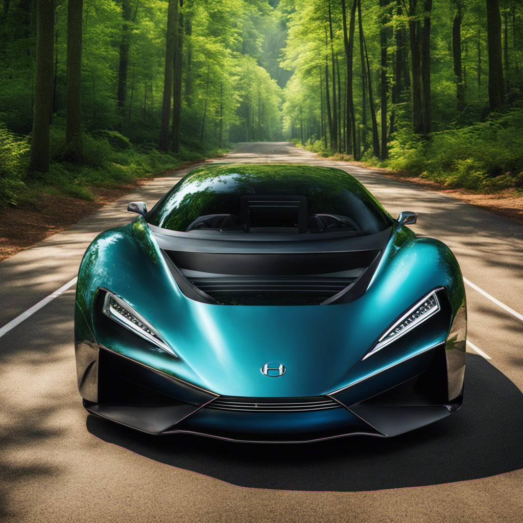 An image showcasing a sleek, modern car powered by a hydrogen fuel cell, emitting nothing but pure water vapor from its tailpipe, against a backdrop of vibrant green forests and clear blue skies