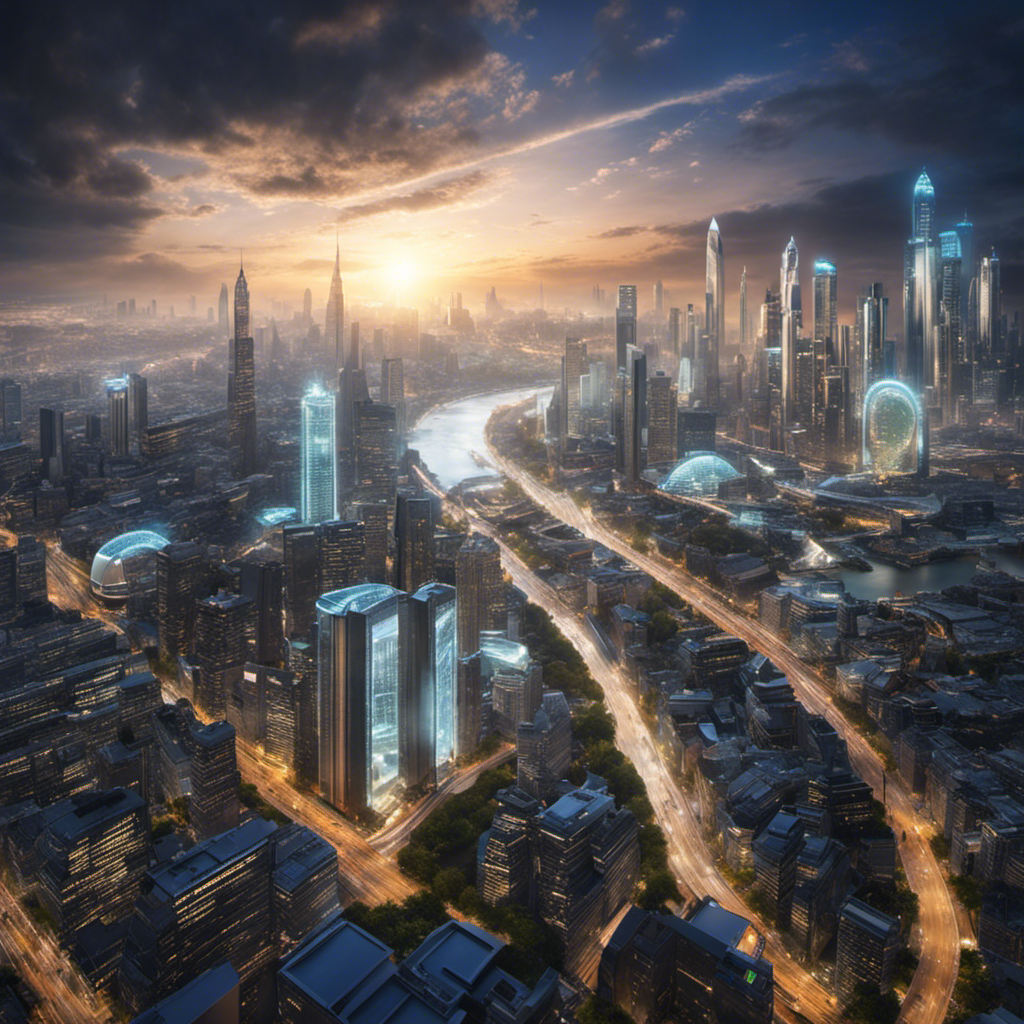 An image showcasing a bustling city skyline with hydrogen fuel cell-powered vehicles zipping through clean streets, leaving behind only wisps of water vapor emissions, symbolizing a sustainable future
