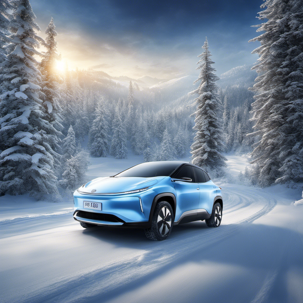 An image depicting a winter landscape with a hydrogen fuel cell-powered vehicle effortlessly gliding through snowy terrain