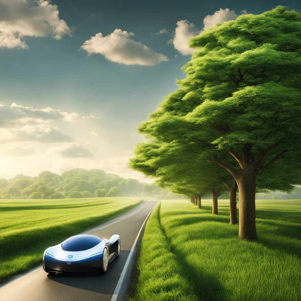 An image showcasing a lush green landscape with a hydrogen fuel cell-powered car gliding quietly along a tree-lined road, emitting only water vapor, illustrating the positive environmental impact and climate solutions of hydrogen fuel cells