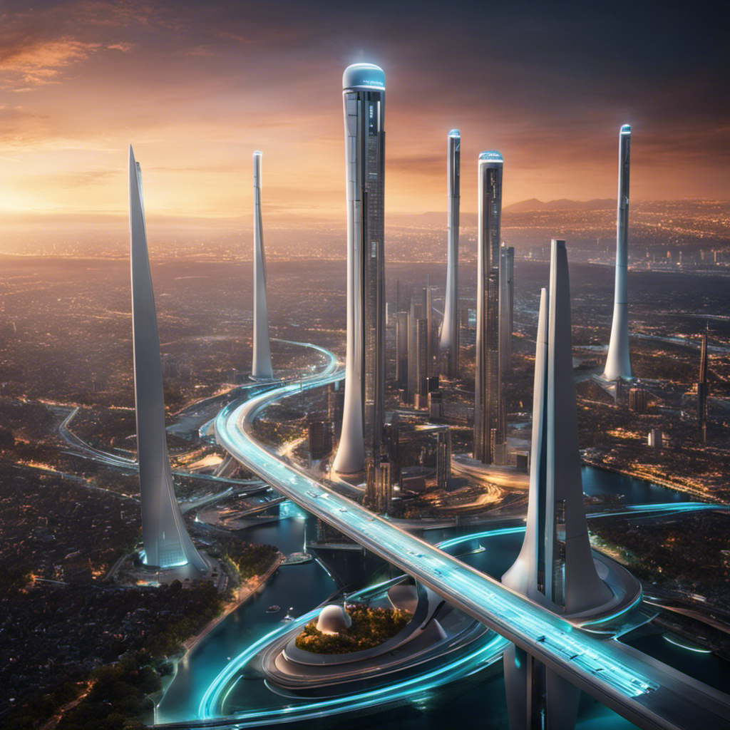 An image showcasing a futuristic cityscape, where sleek hydrogen-powered vehicles silently glide along illuminated streets