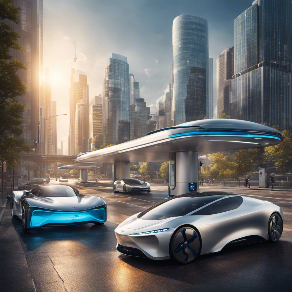 An image depicting a bustling cityscape with sleek hydrogen-powered vehicles effortlessly gliding along clean streets