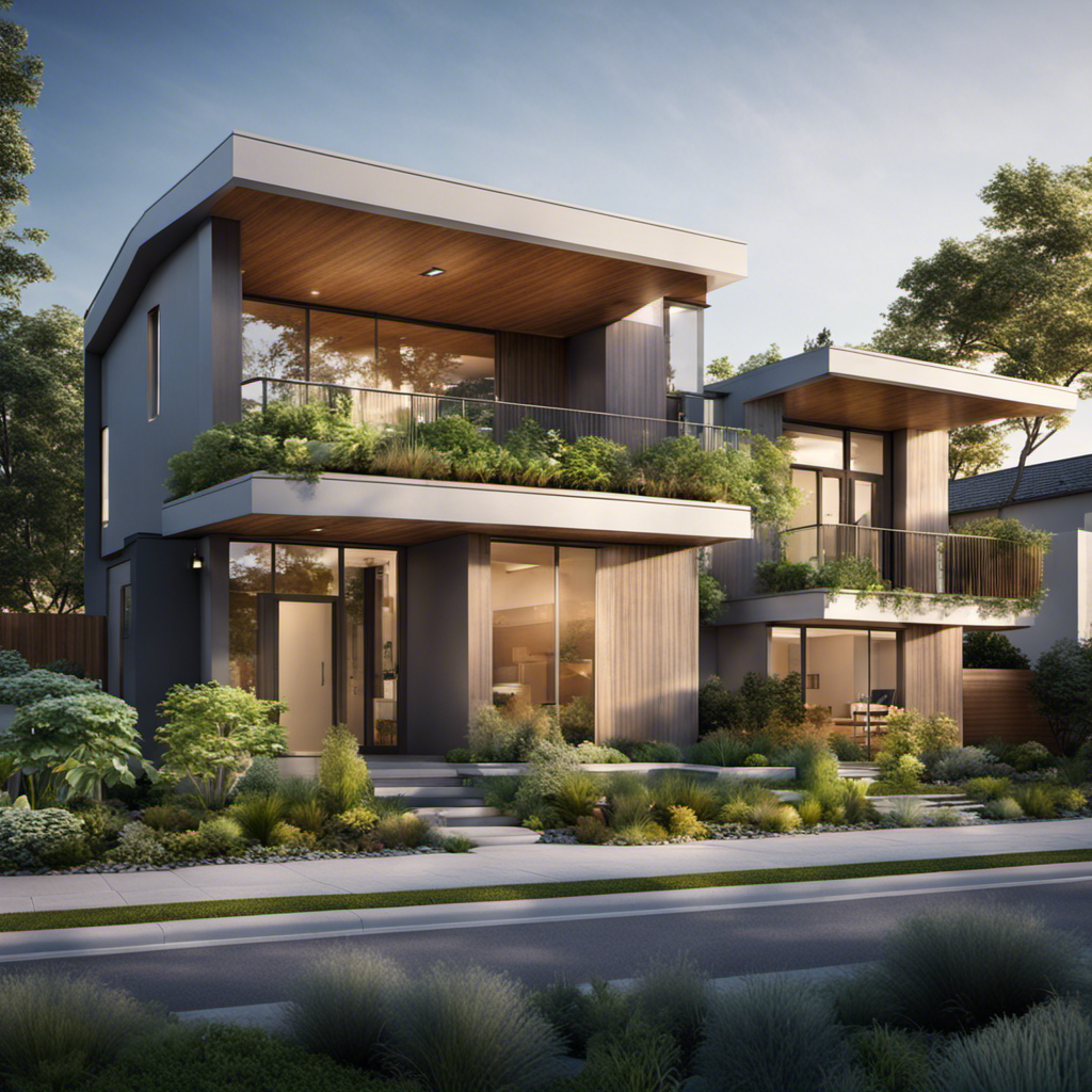 An image showcasing a modern suburban neighborhood with sleek, eco-friendly homes