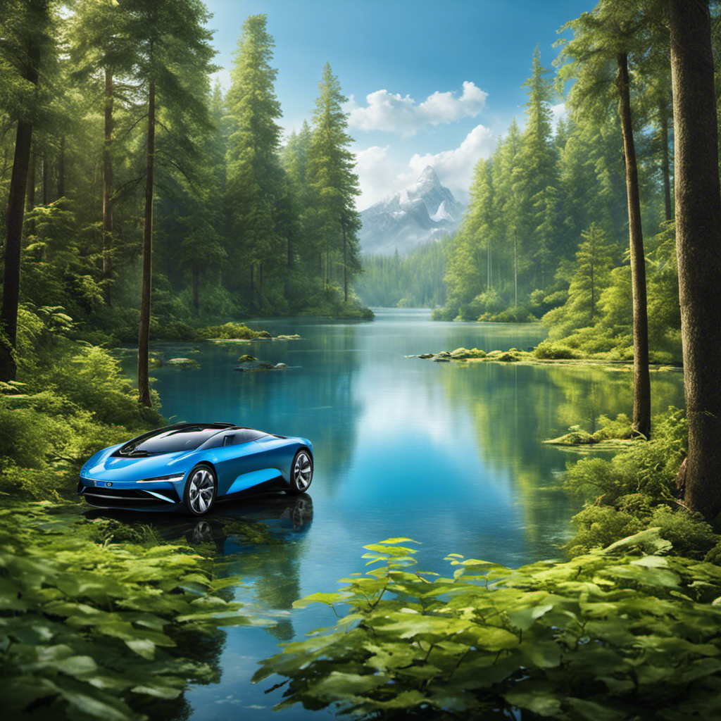 An image showcasing a serene, lush forest with a crystal-clear lake reflecting blue skies
