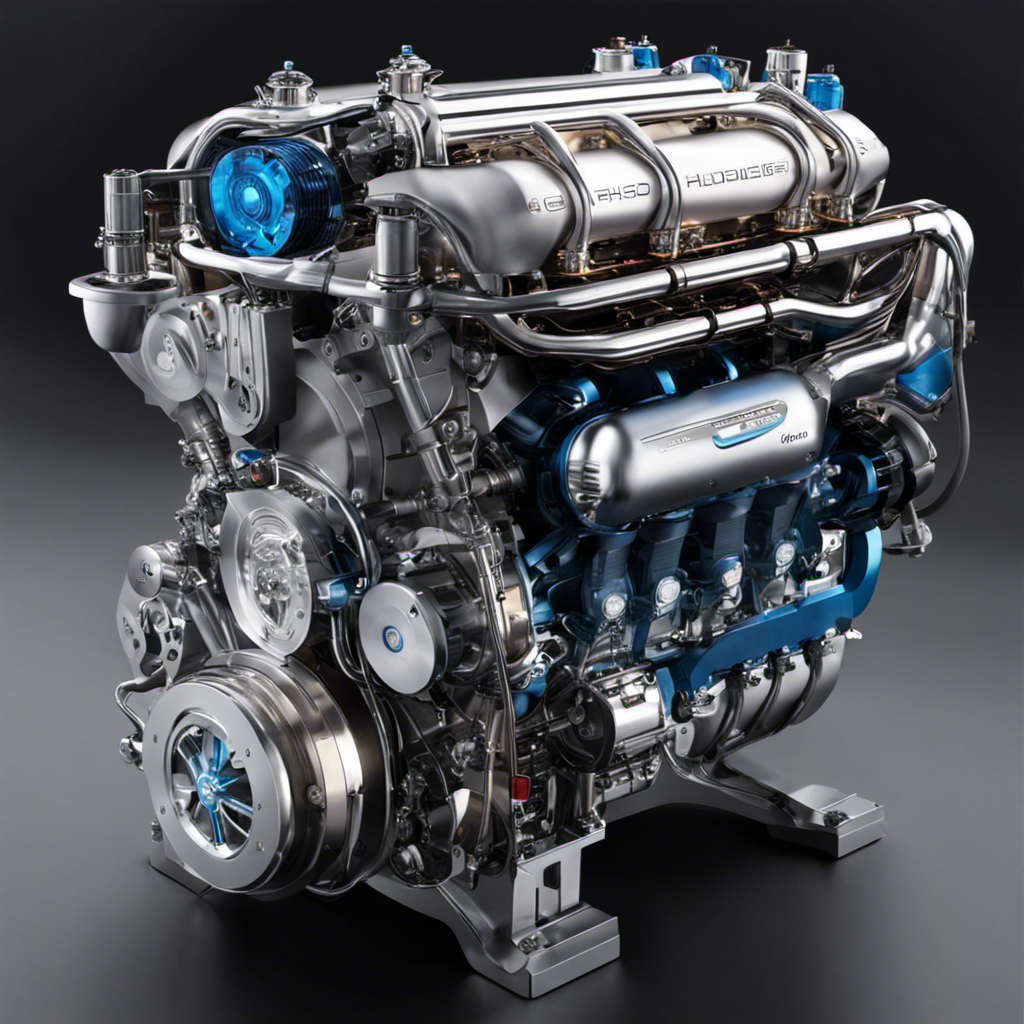 An image showcasing an internal combustion engine with hydrogen power, portraying a sleek, futuristic design