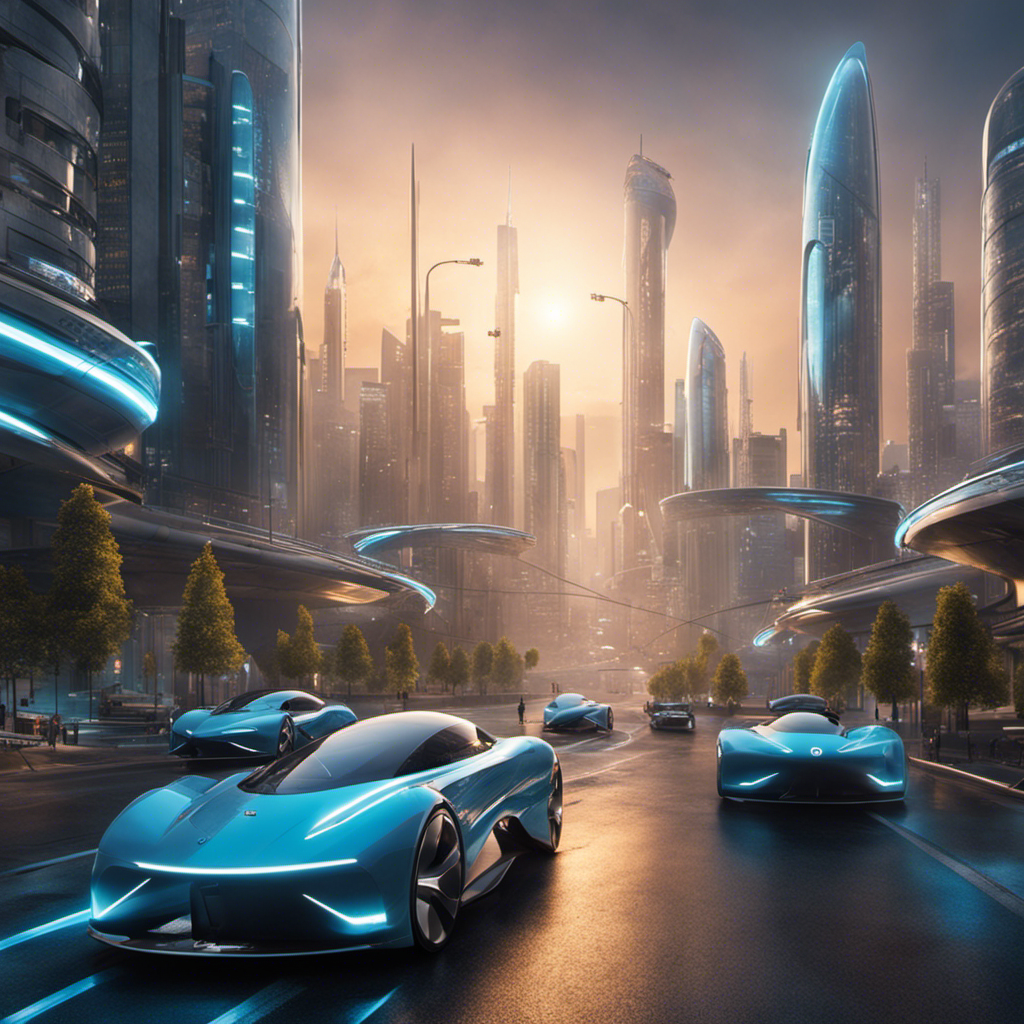 An image showing a futuristic cityscape with hydrogen-powered vehicles gliding effortlessly on clean, emission-free streets, while battery-powered cars struggle to find charging stations and emit smog-filled exhaust