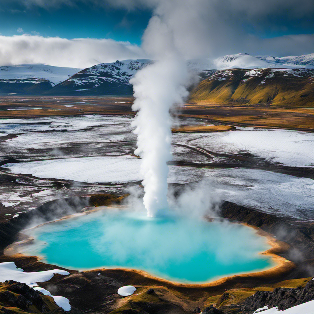 An image showcasing Iceland's geothermal energy: vibrant steam rises from turquoise hot springs amidst a backdrop of snow-capped mountains; futuristic power plants harness the underground heat, while locals soak in natural geothermal pools