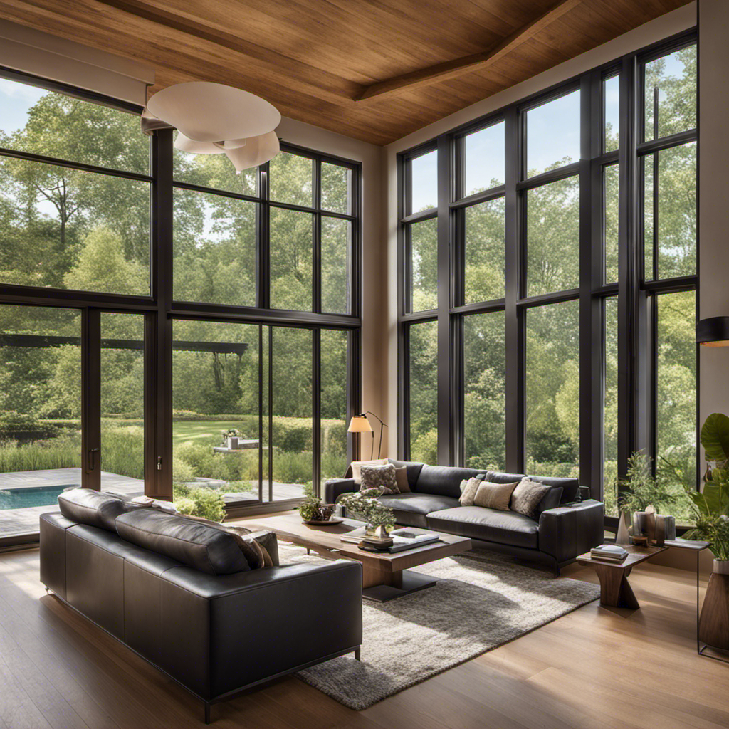 An image capturing a cozy living room bathed in natural light, with double-glazed windows, thick insulation, and energy-efficient appliances, showcasing the transformation of a home into an eco-friendly haven