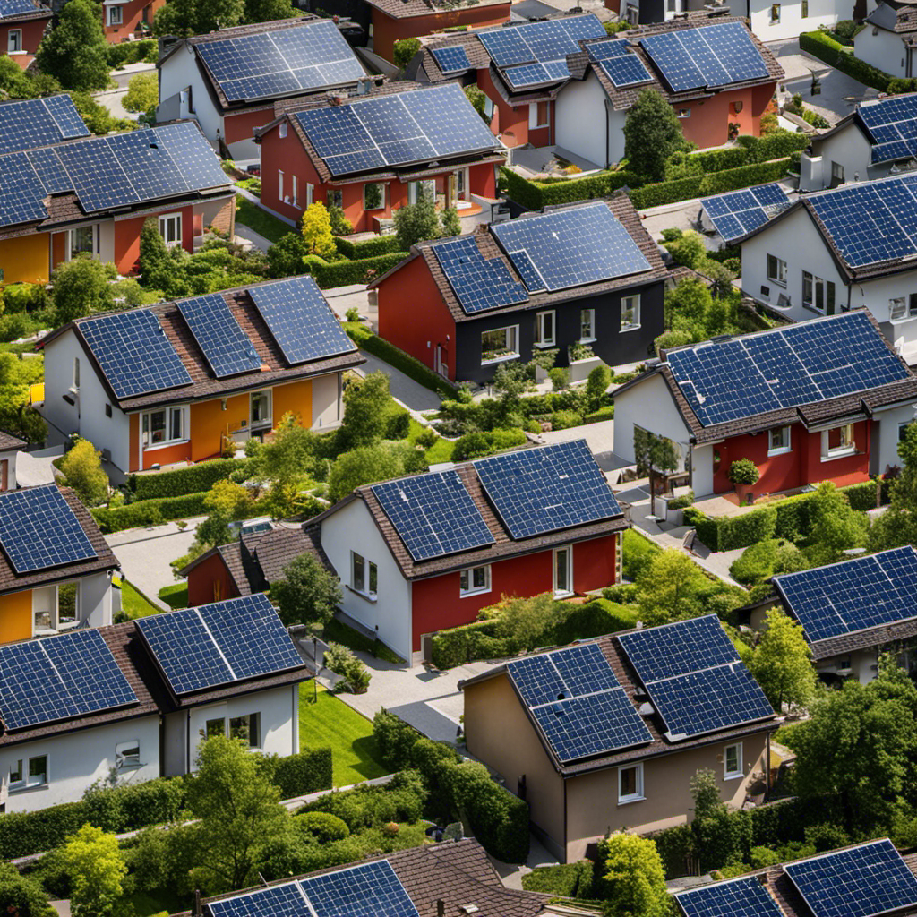 An image showcasing a vibrant German neighborhood with rows of solar panels on every rooftop, illustrating the impressive number of homes powered by solar energy in 2011