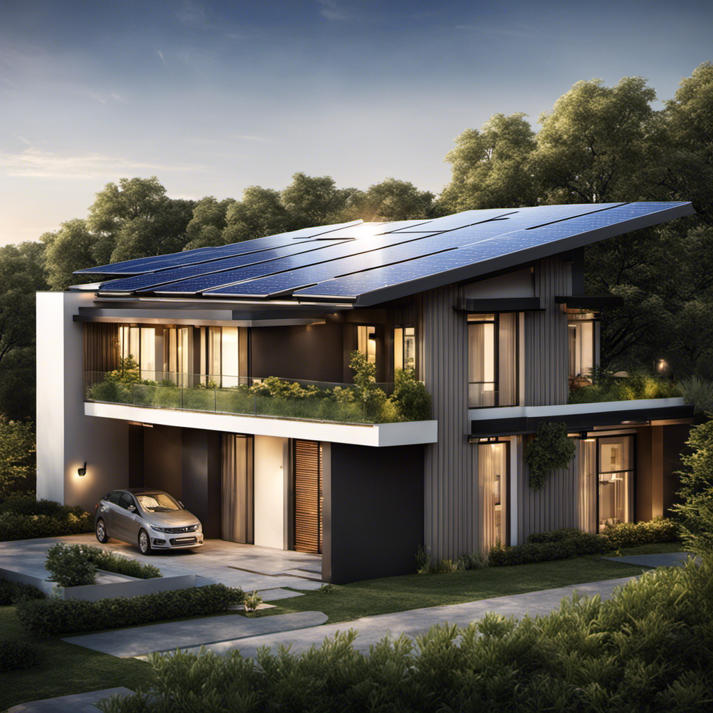 An image of a modern residential rooftop adorned with sleek solar panels, perfectly angled towards the sun