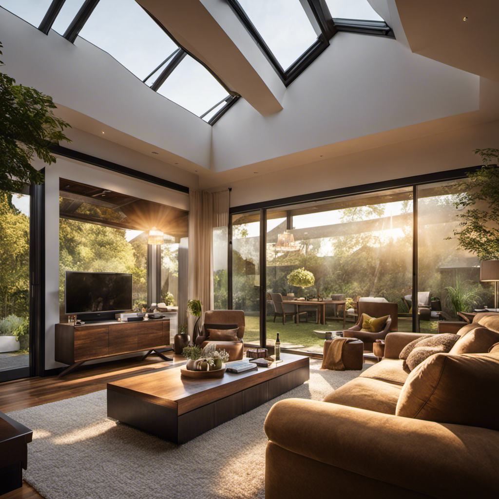 An image that showcases a cozy living room bathed in warm sunlight streaming through solar-powered skylights, casting a soft glow on the space and illuminating the room with natural, sustainable lighting