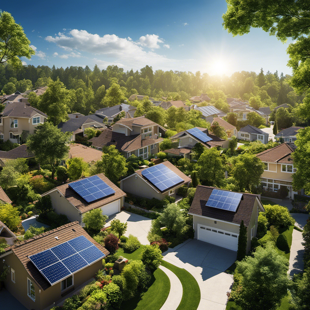 An image showcasing a suburban neighborhood with solar panels on rooftops, surrounded by lush greenery