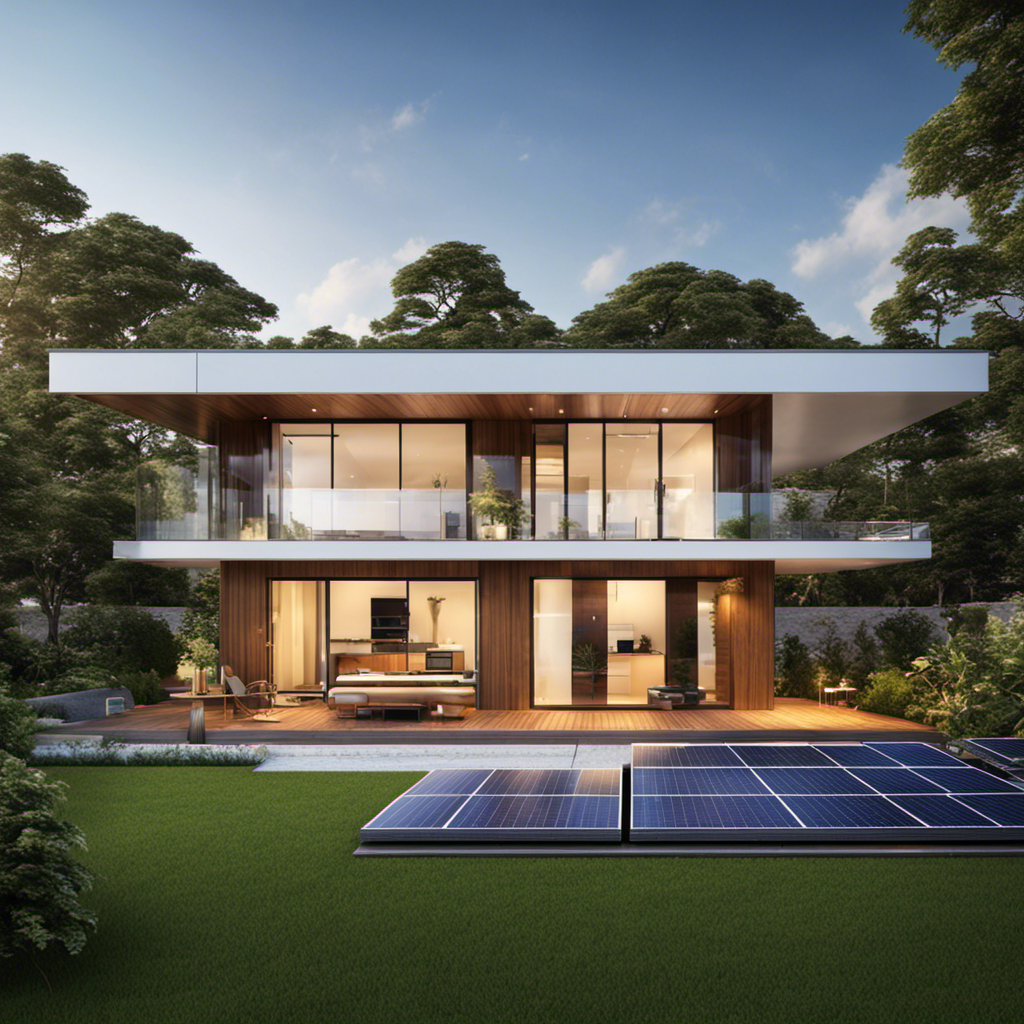 An image showcasing a modern home with solar panels on the roof, capturing the vibrant sunlight