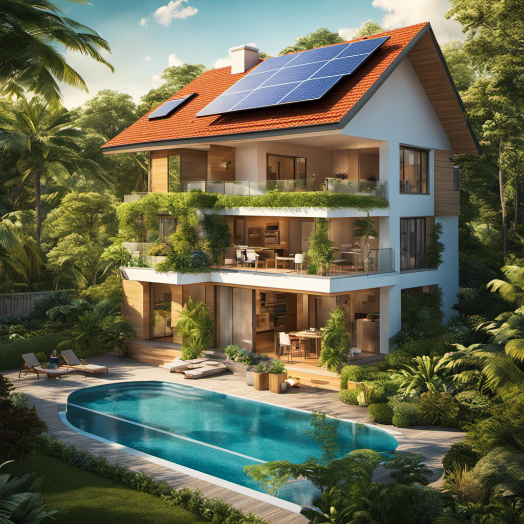 An image showcasing a sun-drenched home with solar panels adorning its rooftop, surrounded by lush greenery
