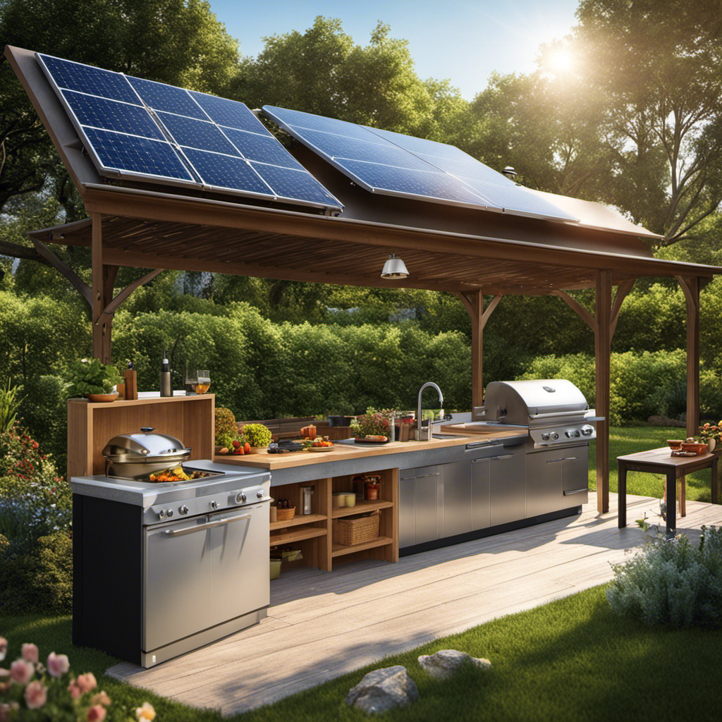 An image showcasing a sunny backyard with solar panels on the roof, powering an outdoor kitchen with a solar-powered grill, refrigerator, and lights, highlighting how solar energy reduces energy consumption in homes