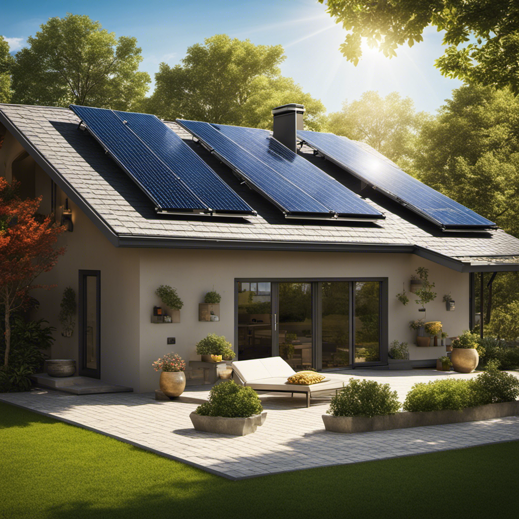 An image showcasing a sunny backyard with a beautifully designed solar water heater on the roof of a modern home