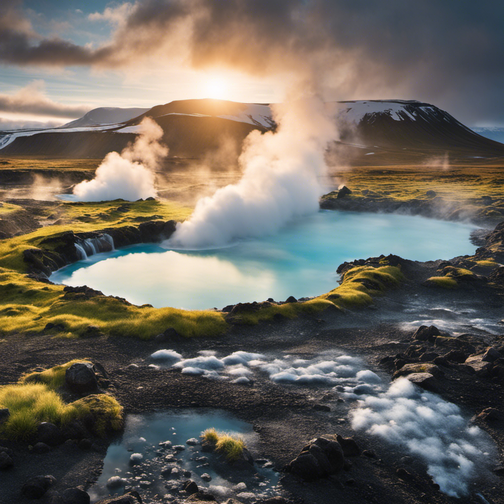 An image showcasing a lush Icelandic landscape with bubbling hot springs, steam rising from the ground, and geothermal power plants in the distance, illustrating the potential of geothermal energy as a fossil fuel alternative