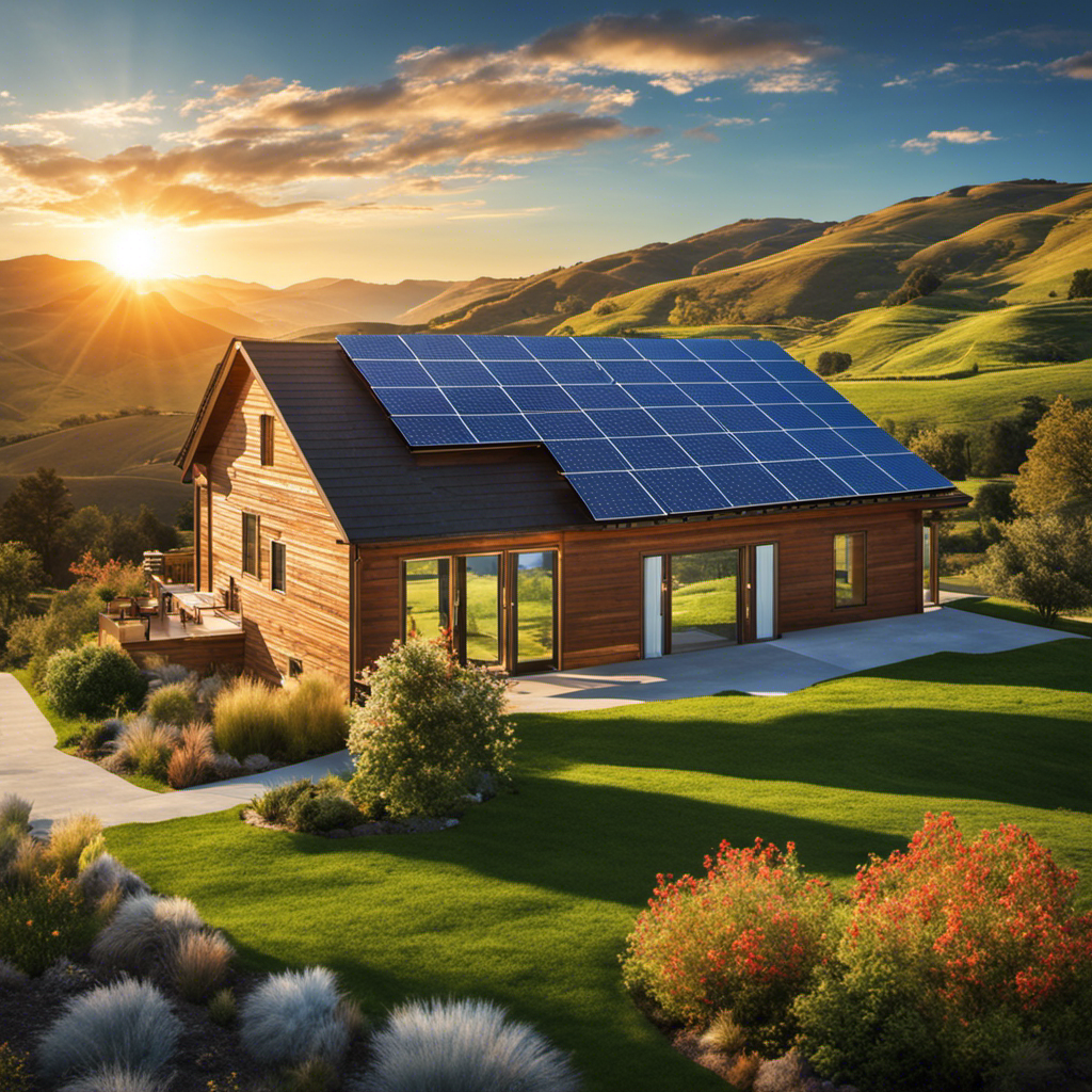 An image showcasing a vibrant solar panel installation set against a backdrop of rolling hills, clear blue skies, and abundant sunlight, representing the regions in the United States where solar energy is most efficient