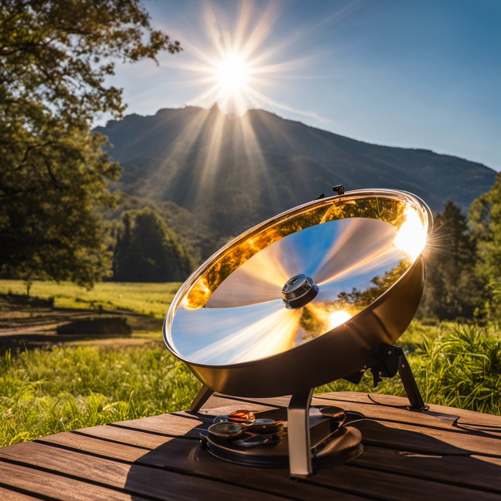 An image that captures the essence of kinetic energy in a solar oven: a vibrant, sunlit scene where solar rays penetrate a reflective surface, converting light energy into heat, while a spinning fan disperses hot air, showcasing the transformation of energy