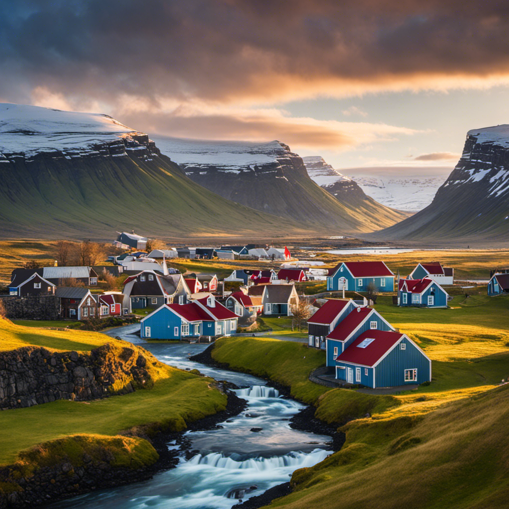 An image showcasing a picturesque town nestled amidst Iceland's dramatic landscape, where charming houses and modern buildings alike are enveloped in a comforting warmth emanating from geothermal energy sources